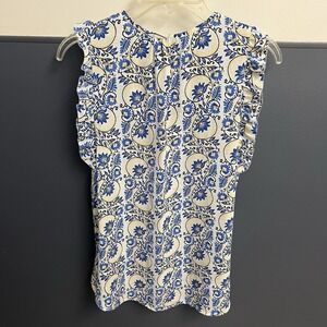 Kaari Blue Floral Print Top Flutter Sleeveles Petite Medium Women's Blouse Shirt